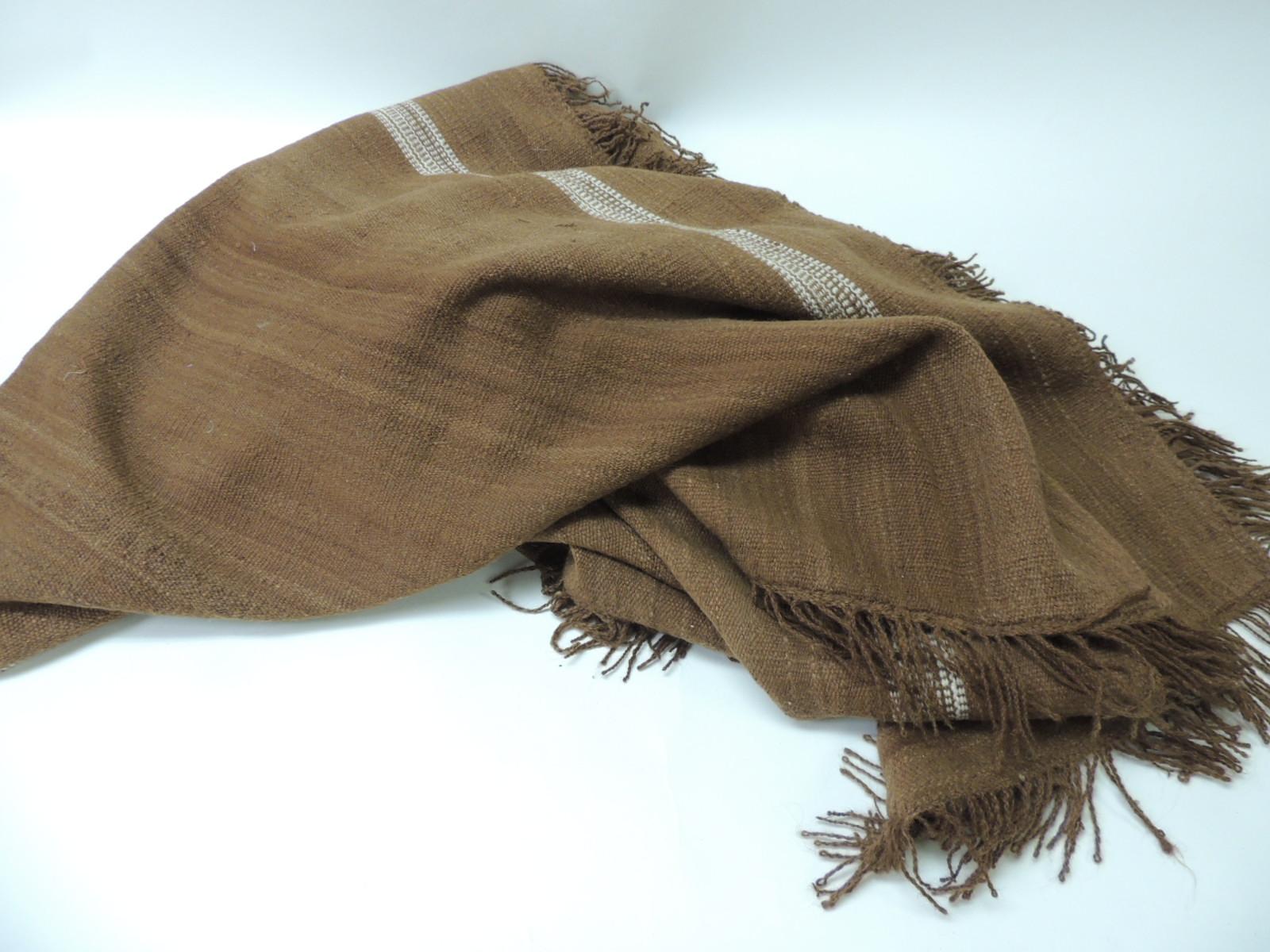 Late 20th Century Large Vintage Brown and White Woven Wool Throw with Hand-Knotted Fringes