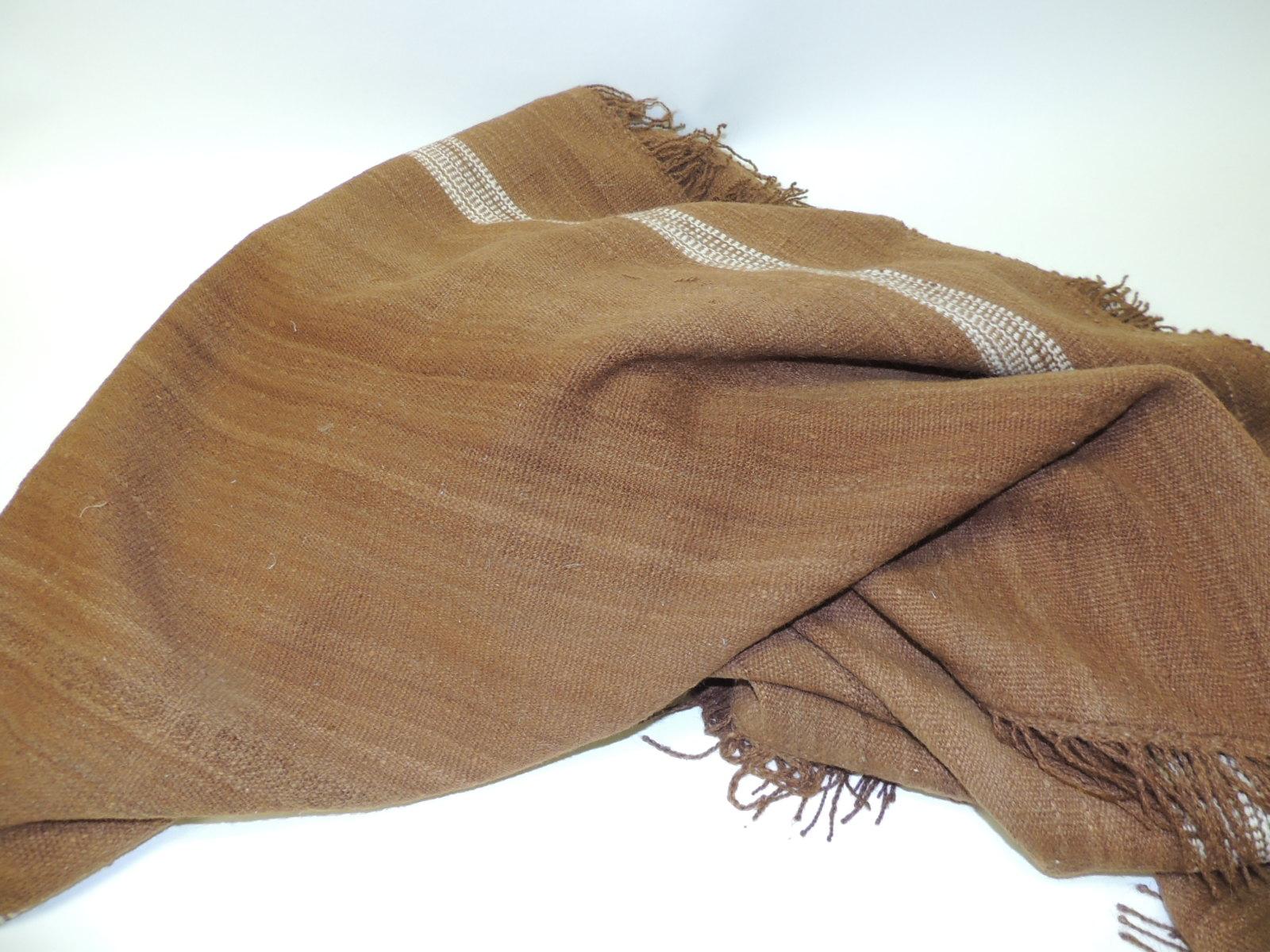 Large Vintage Brown and White Woven Wool Throw with Hand-Knotted Fringes 1