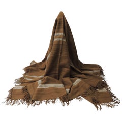 Large Vintage Brown and White Woven Wool Throw with Hand-Knotted Fringes