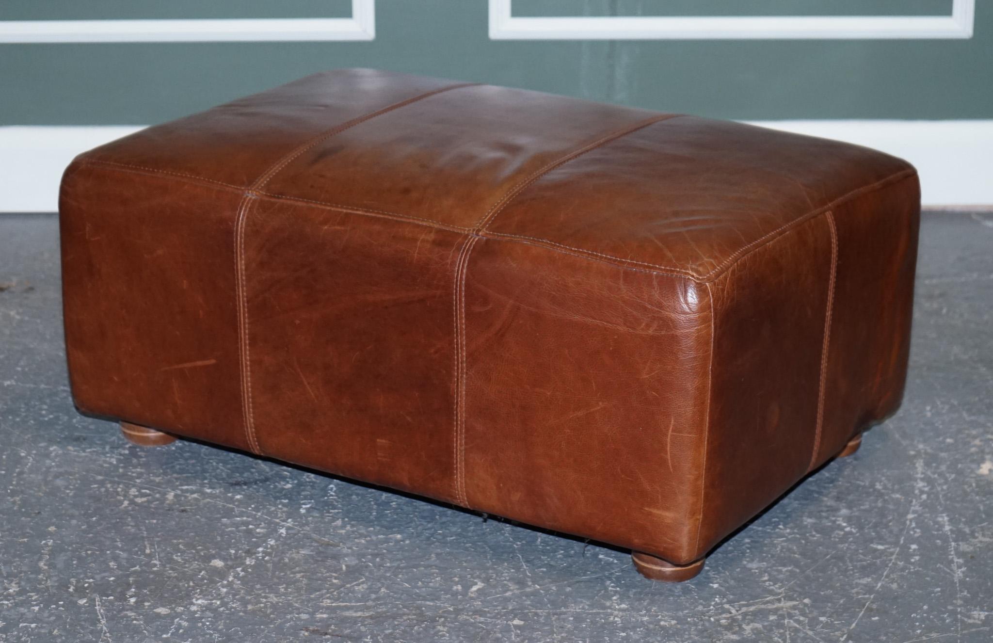 British Large Vintage Brown Leather Footstool Ottoman Made by Halo