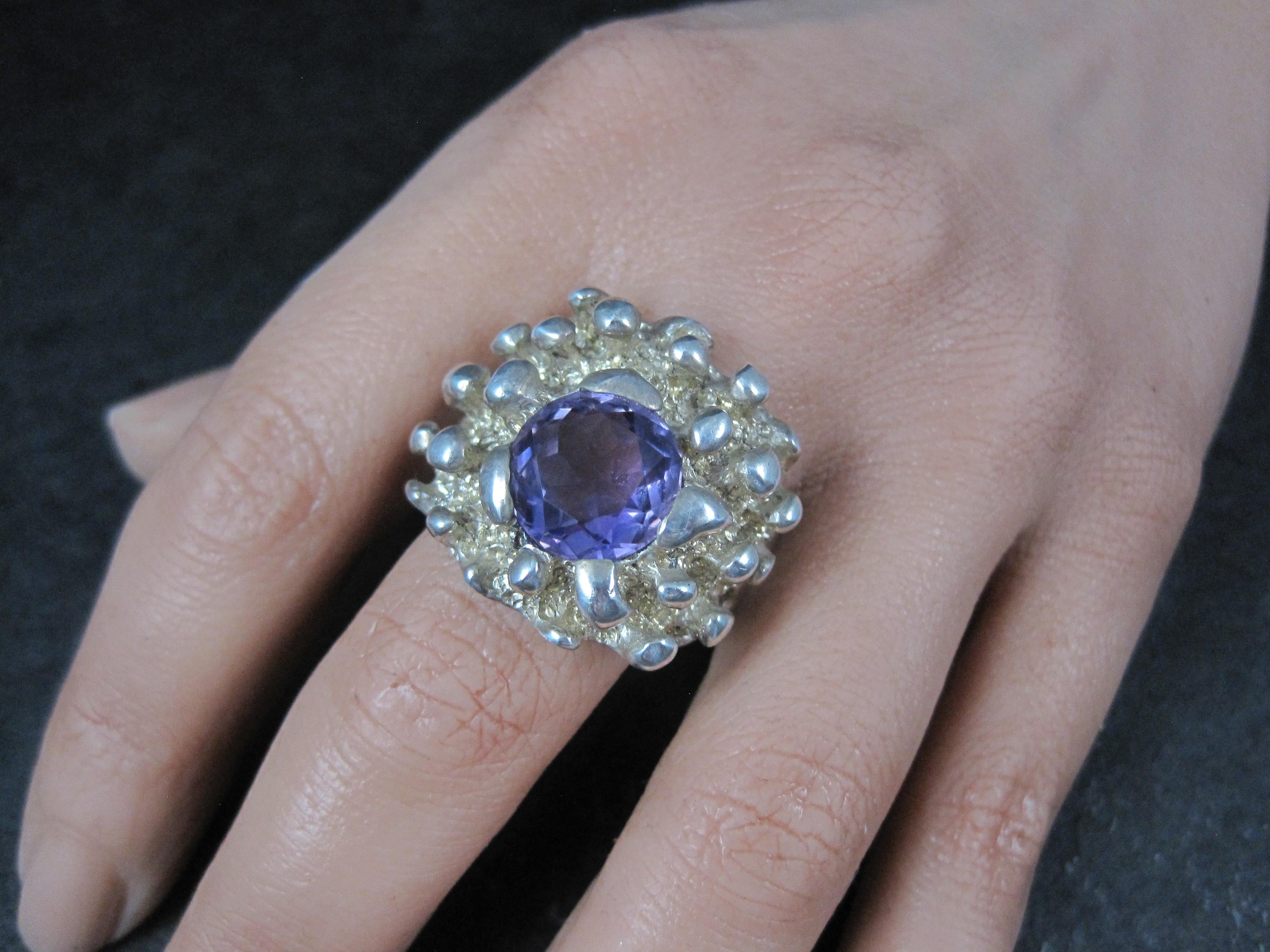 Grande bague vintage brutaliste taille 11 argent sterling mexicain en vente 2