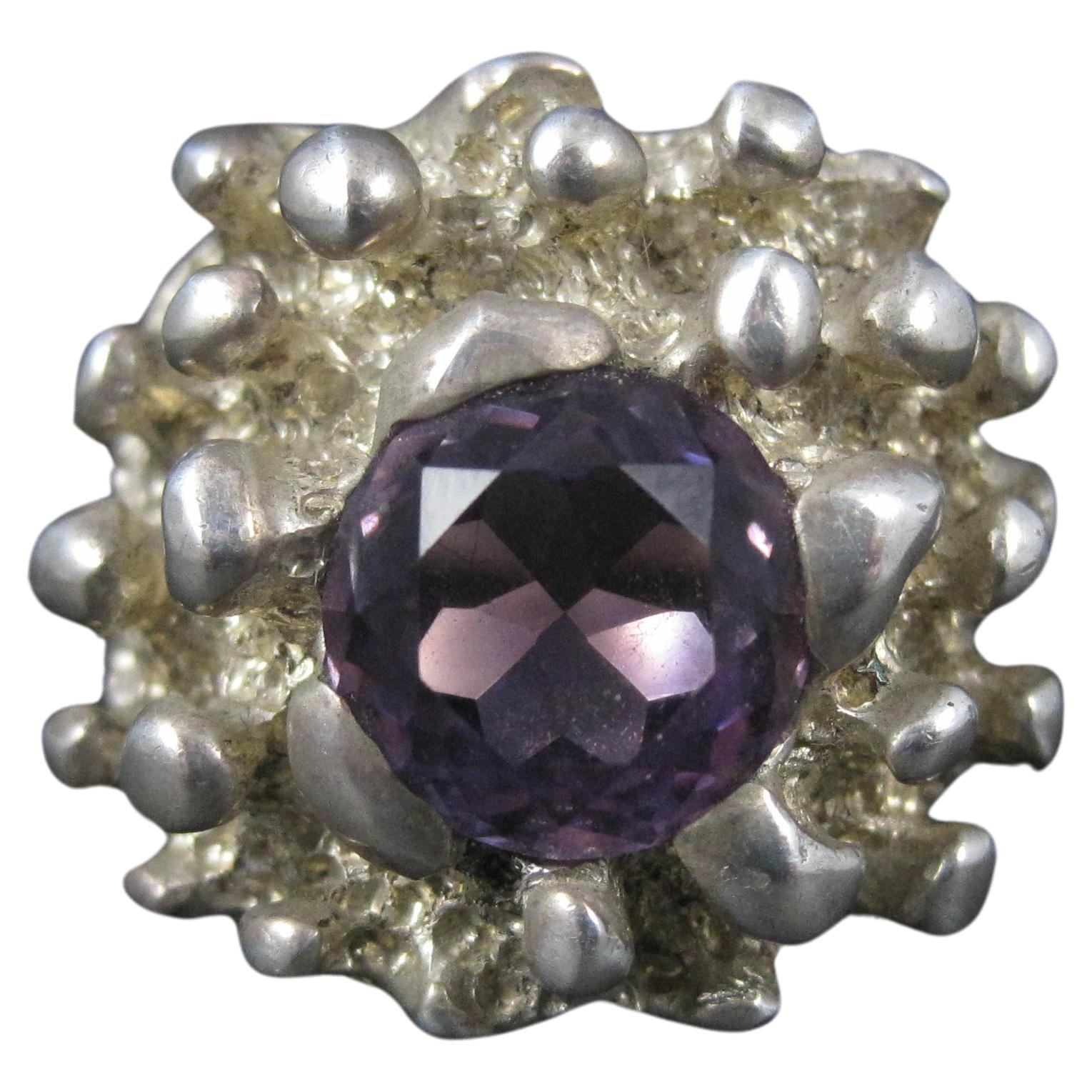 Gran Anillo Brutalista Vintage de Amatista Talla 11 Plata de Ley Mexicana