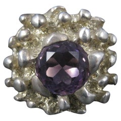 Grande anello brutalista d'epoca con ametista, misura 11, in argento massiccio messicano