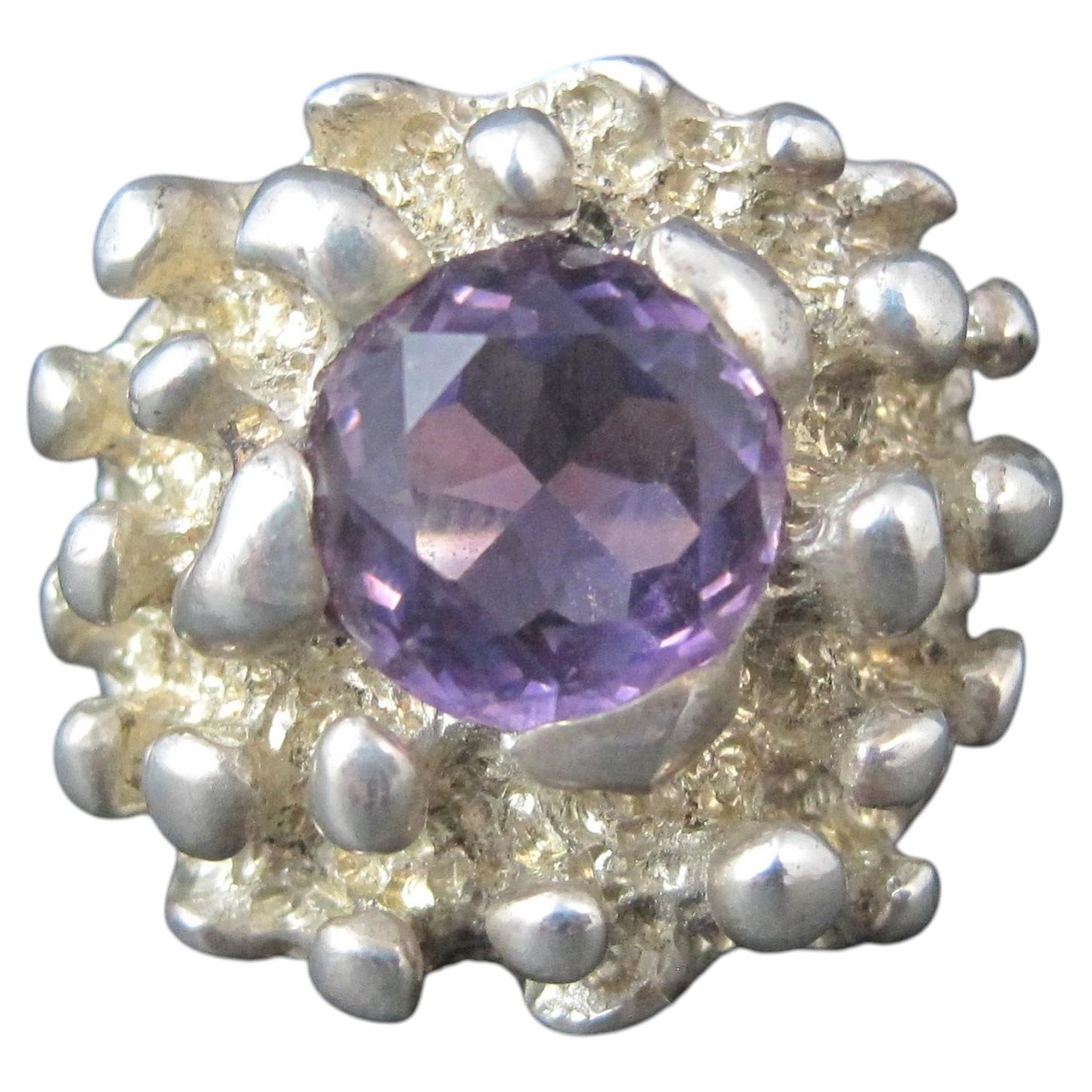 Large Vintage Brutalist Freeform Amethyst Ring Size 11 Mexican Sterling Silver