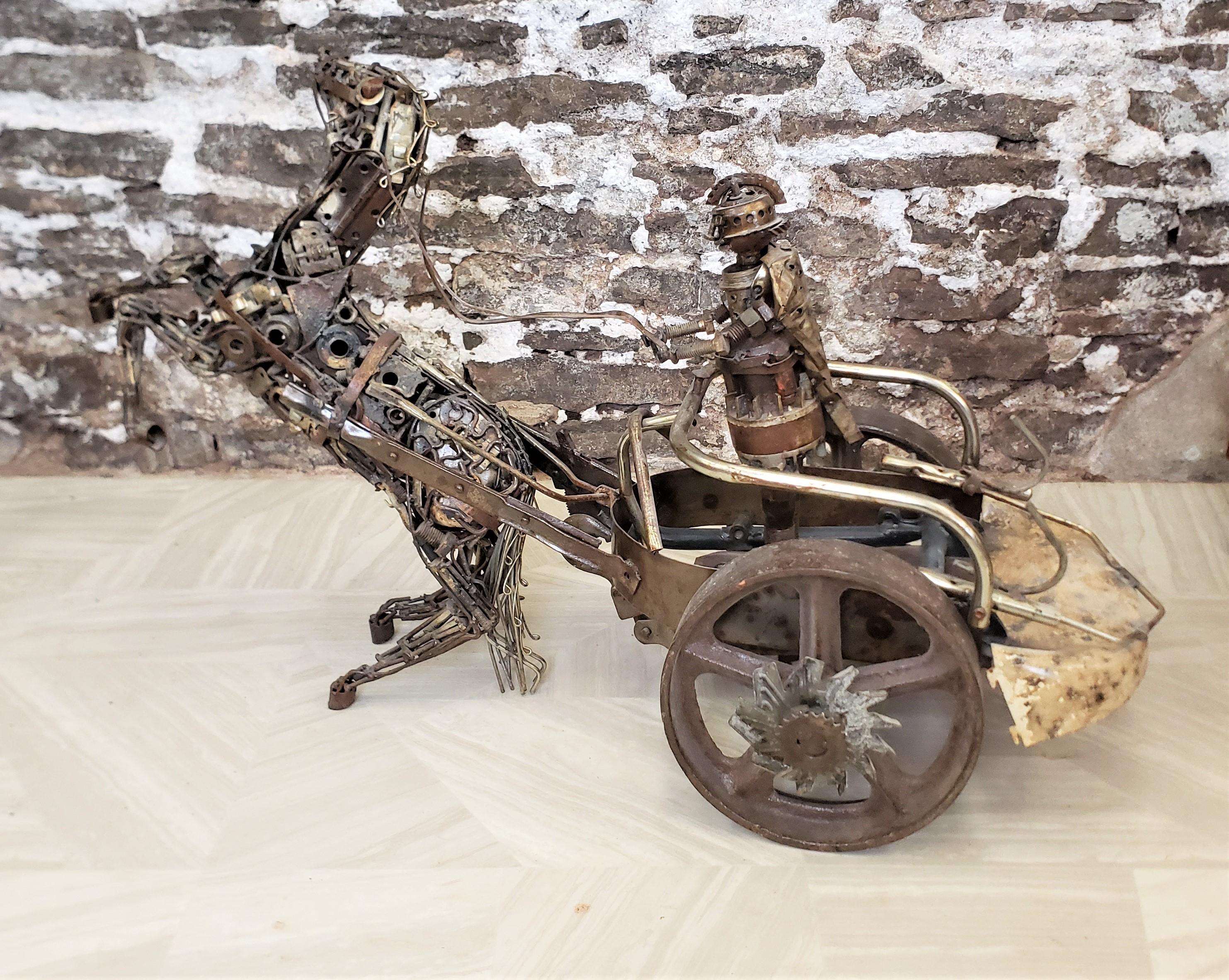 Large Vintage Brutalist Metal Folk Art Roman Chariot Horse & Rider Sculpture For Sale 6