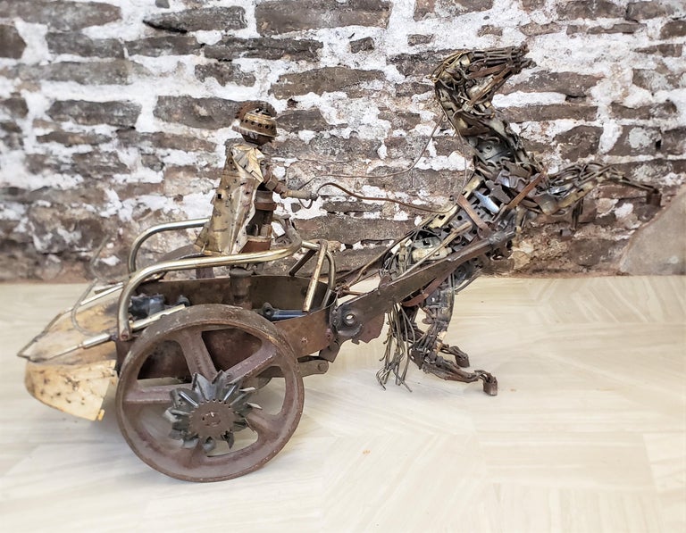Large Vintage Brutalist Metal Folk Art Roman Chariot Horse & Rider Sculpture For Sale 8