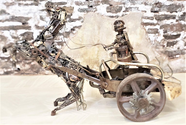 This large and substantial folk art sculpture is unsigned from what we've been able to determine, but presumed to have been made in the United States in approximately 1970 in a Brutalist style. The sculpture depicts an Ancient Roman horse drawn