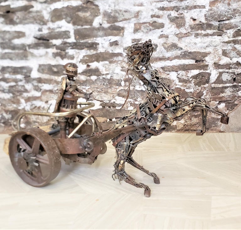 Welded Large Vintage Brutalist Metal Folk Art Roman Chariot Horse & Rider Sculpture For Sale