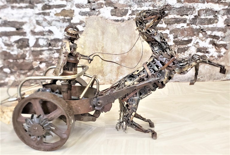 Large Vintage Brutalist Metal Folk Art Roman Chariot Horse & Rider Sculpture In Good Condition For Sale In Hamilton, Ontario