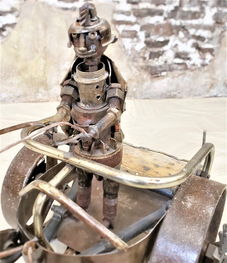 Large Vintage Brutalist Metal Folk Art Roman Chariot Horse & Rider Sculpture For Sale 5