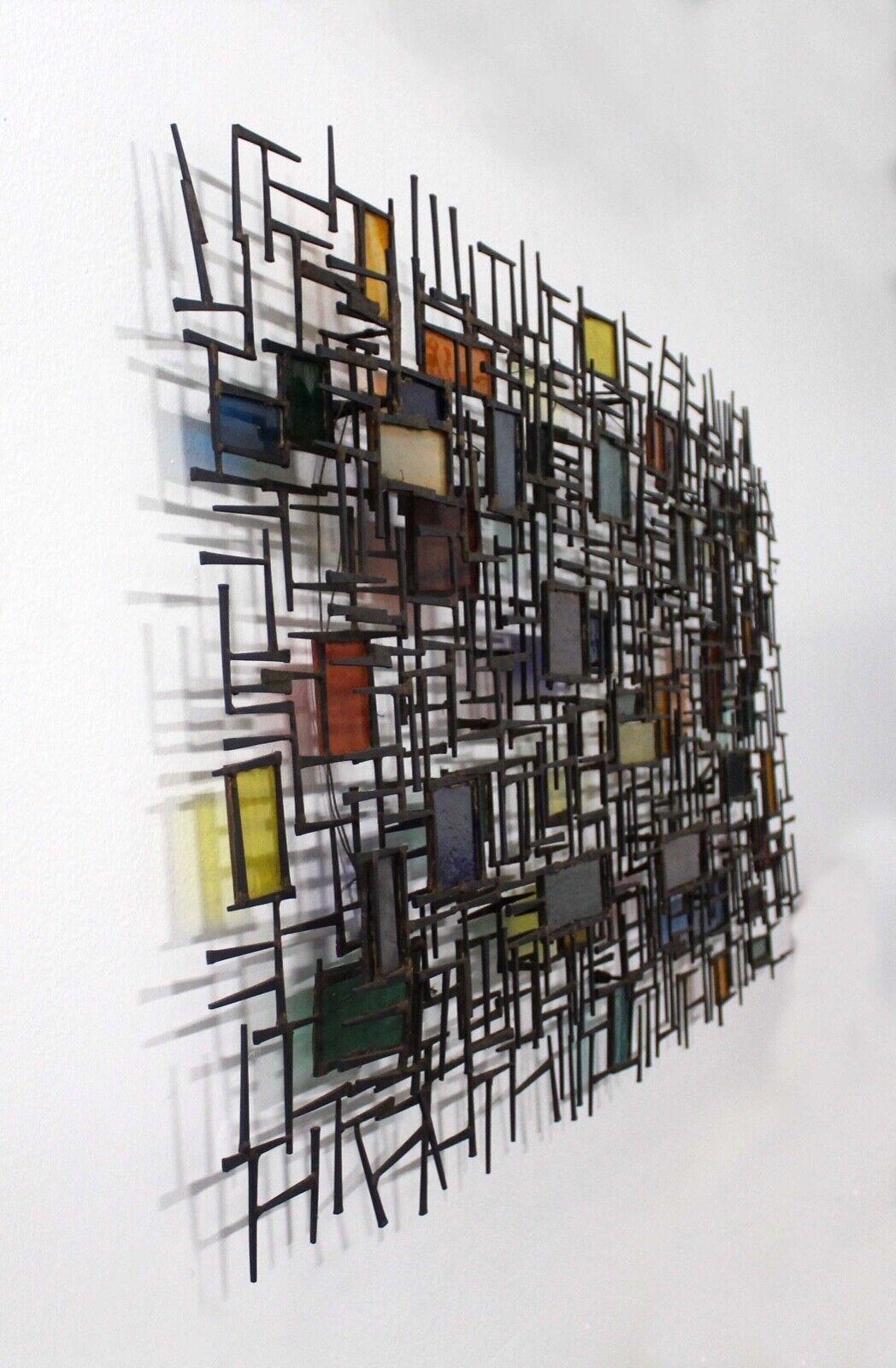 Large Vintage Brutalist Metal Nail Multicolored Stained Glass Wall Sculpture In Good Condition In Keego Harbor, MI