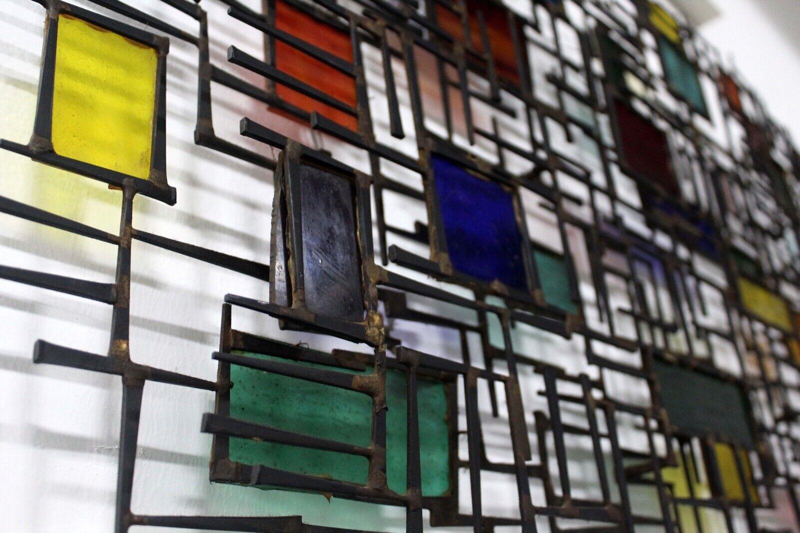 Large Vintage Brutalist Metal Nail Multicolored Stained Glass Wall Sculpture 1
