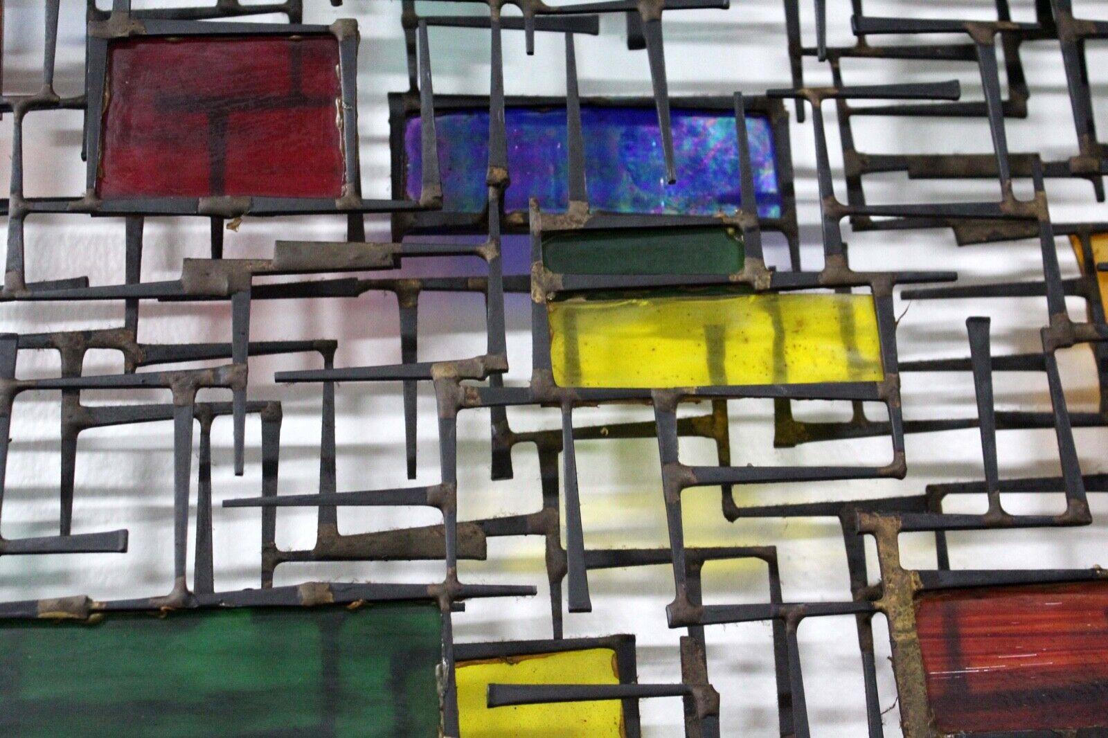 Large Vintage Brutalist Metal Nail Multicolored Stained Glass Wall Sculpture 2