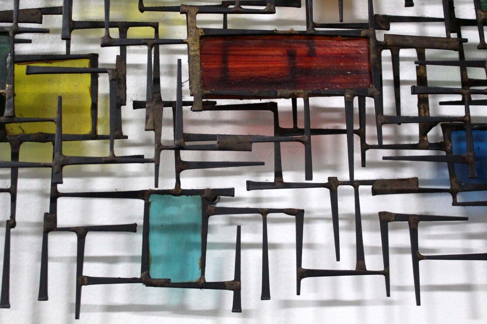 Large Vintage Brutalist Metal Nail Multicolored Stained Glass Wall Sculpture 3