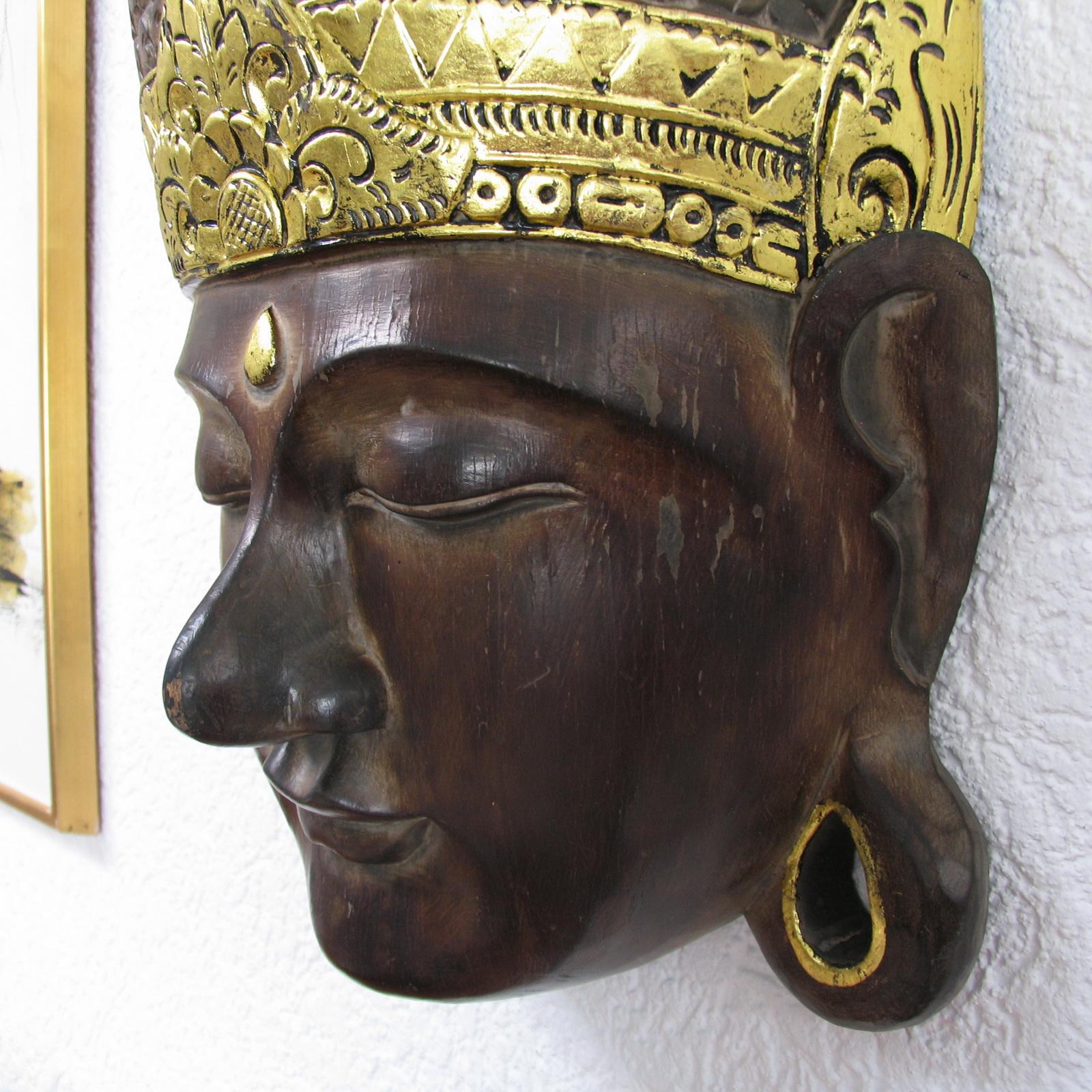 Large Vintage Buddha Hand Carved Wood Wall Mask For Sale 1