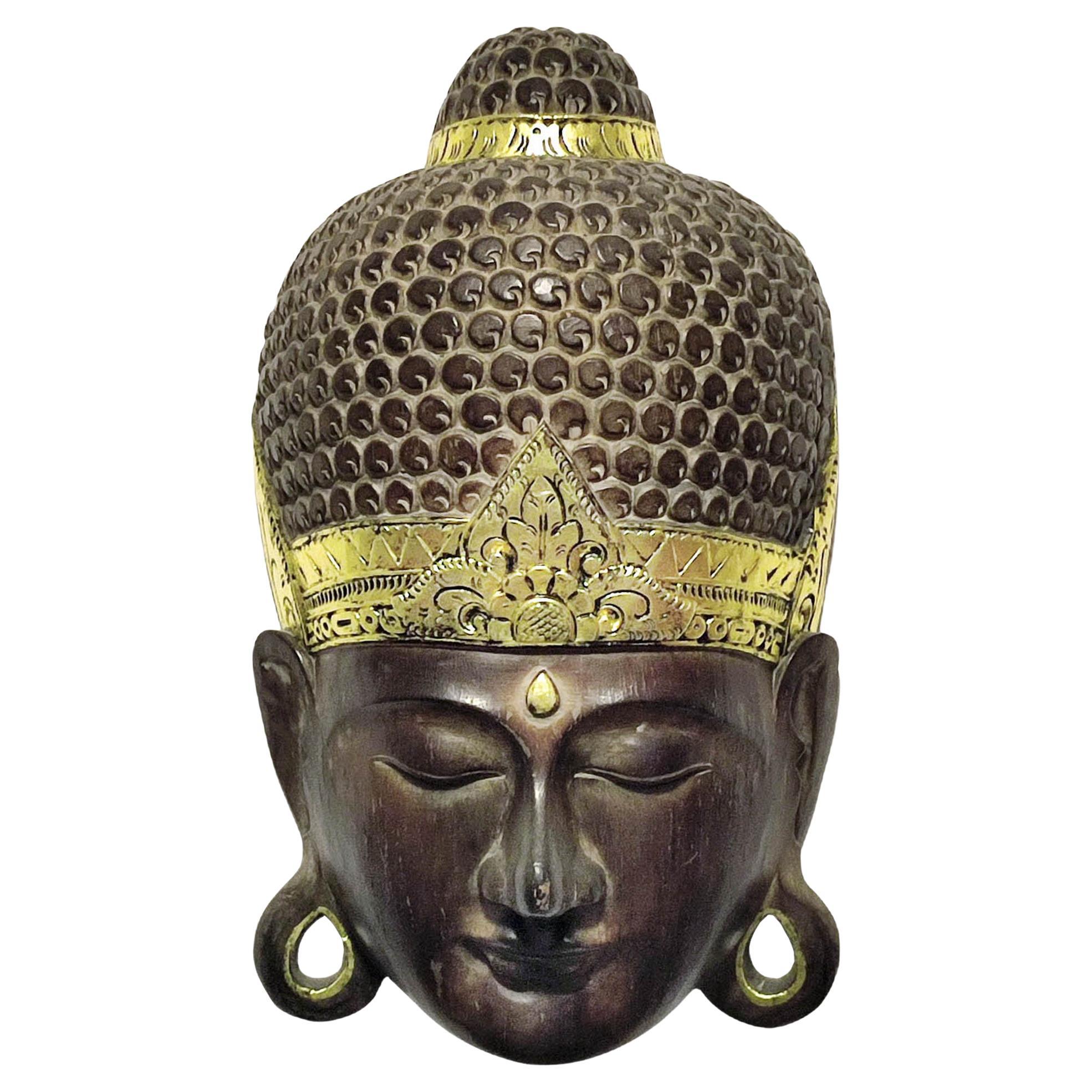 Grande maschera da parete in legno intagliato a mano di Buddha d'epoca