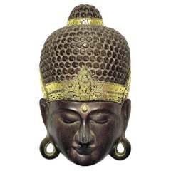 Large Vintage Buddha Hand Carved Wood Wall Mask