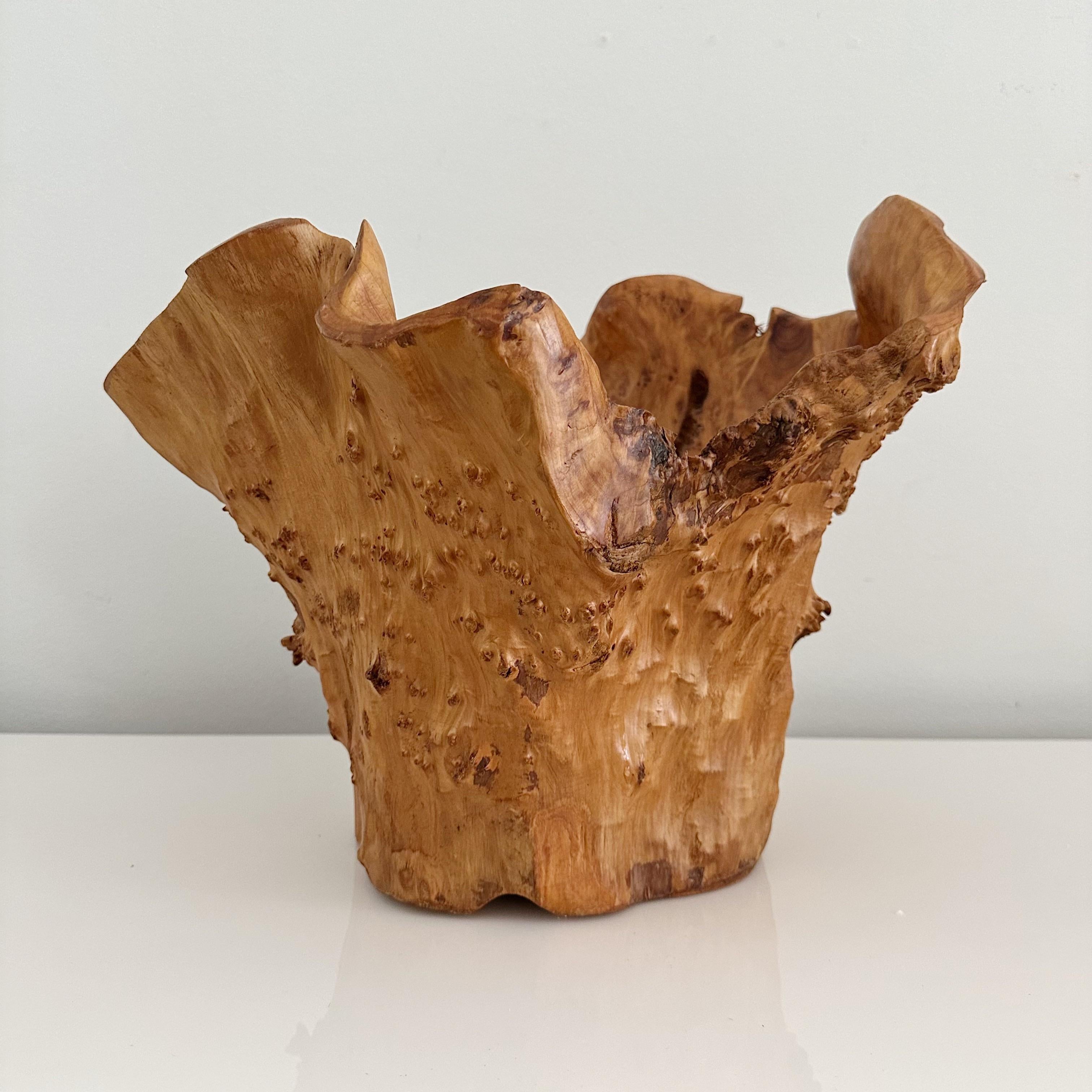 Vintage large knotty burl wood bowl signed on the underside with the monogram AR.