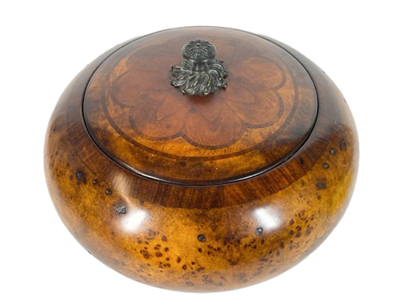 English Large Vintage Burled Wood Covered Bowl or Box of Compressed Ball Form For Sale
