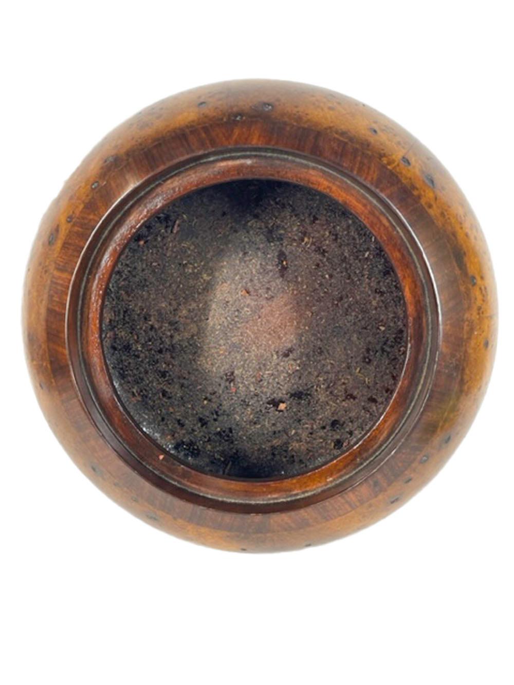 Veneer Large Vintage Burled Wood Covered Bowl or Box of Compressed Ball Form For Sale