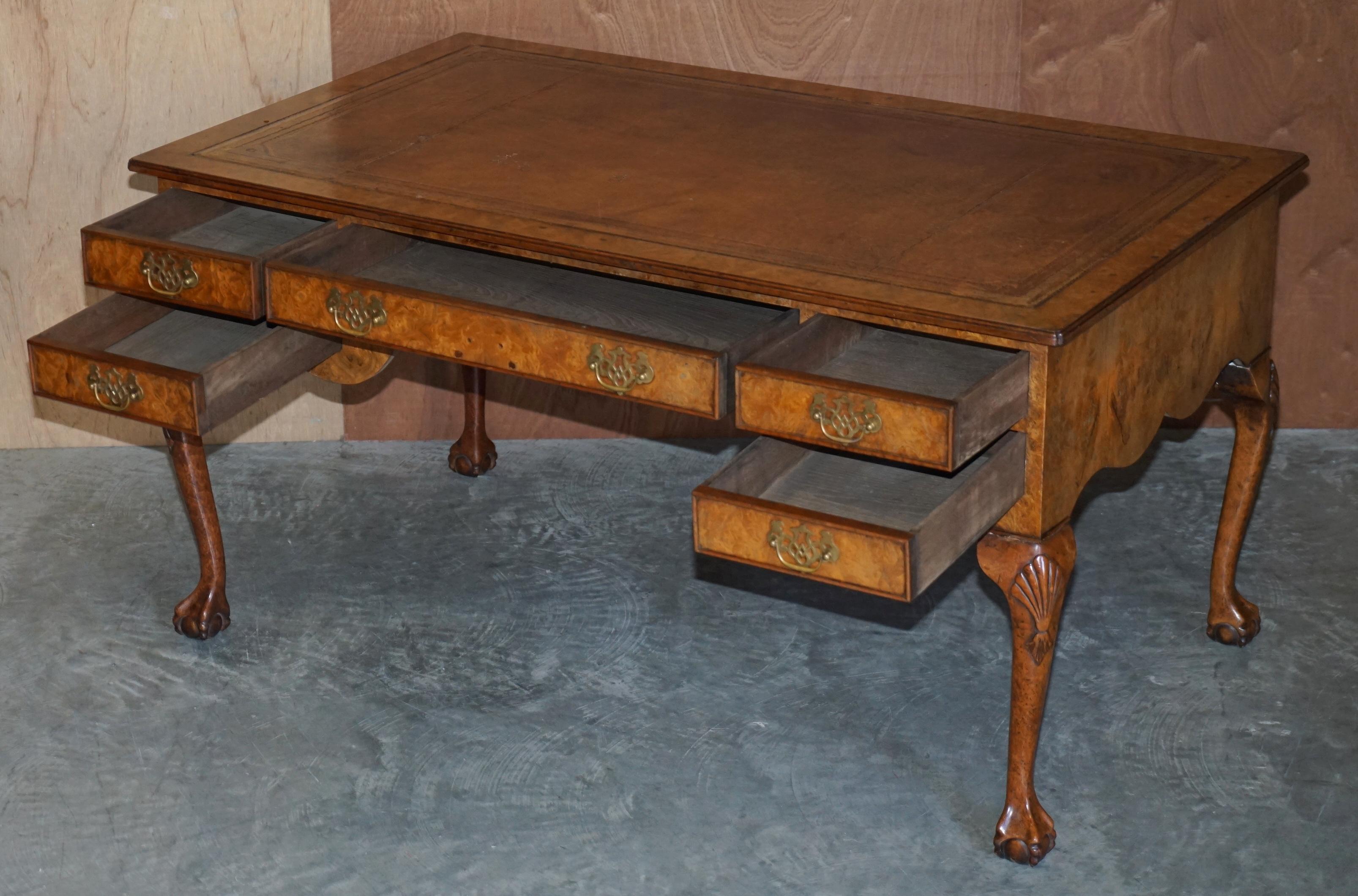 Large Vintage Burr Walnut & Brown Leather Claw & Ball Feet Desk or Writing Table 11
