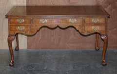 Large Vintage Burr Walnut & Brown Leather Claw & Ball Feet Desk or Writing Table