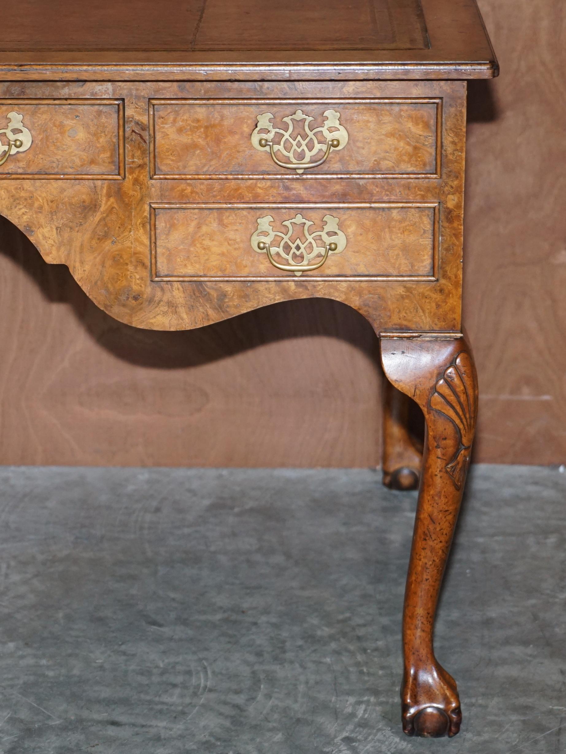 Hand-Crafted Large Vintage Burr Walnut & Brown Leather Claw & Ball Feet Desk or Writing Table
