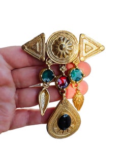 Large Vintage Byzantine Etruscan Revival Gold Enamel Cabochon Dangle Brooch