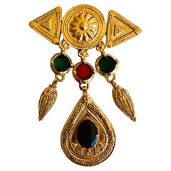 Large Vintage Byzantine Etruscan Revival Gold Enamel Cabochon Dangle Brooch