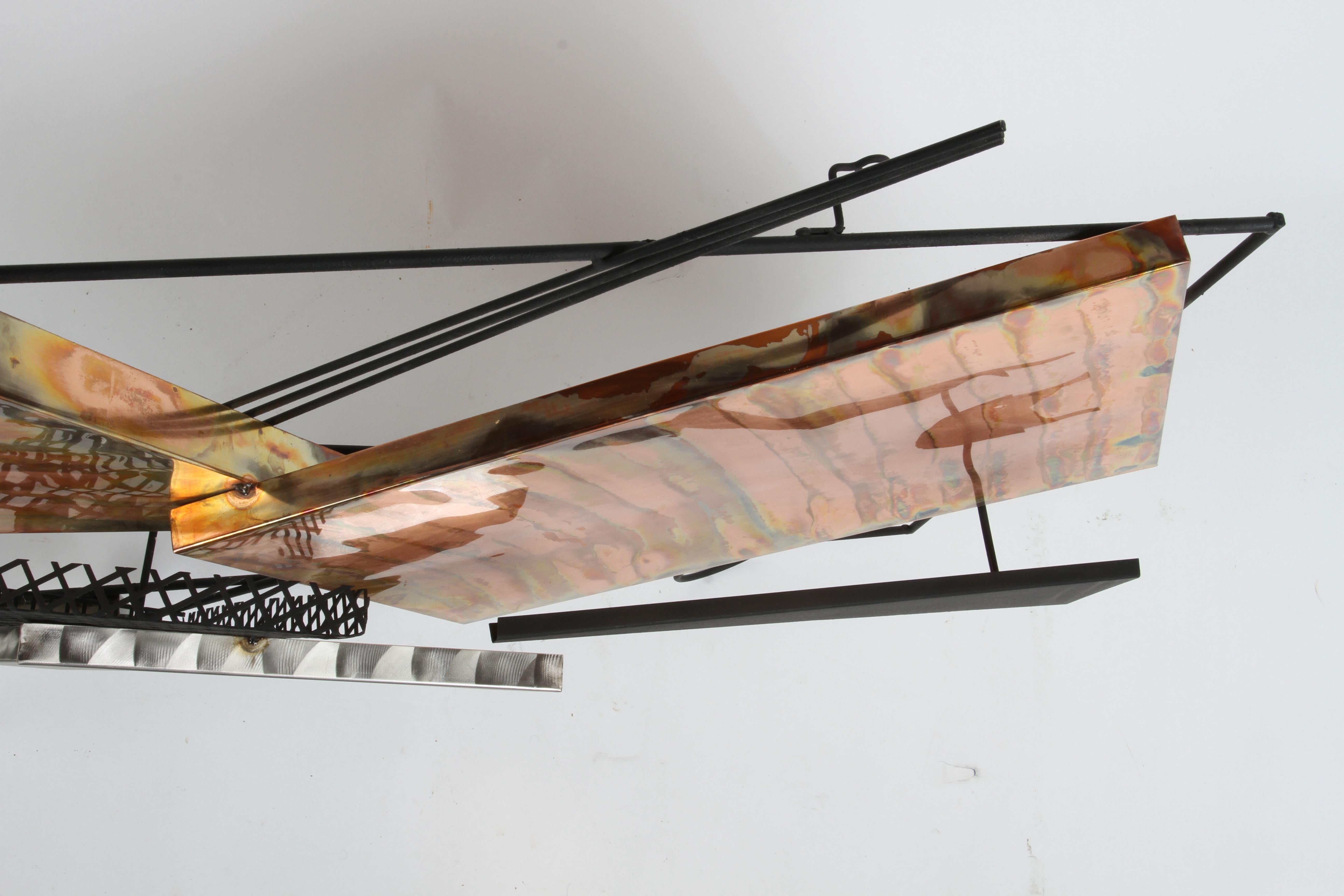 Large Vintage C. Jeré Post Modern Abstract Painted Steel & Copper Wall Sculpture For Sale 4