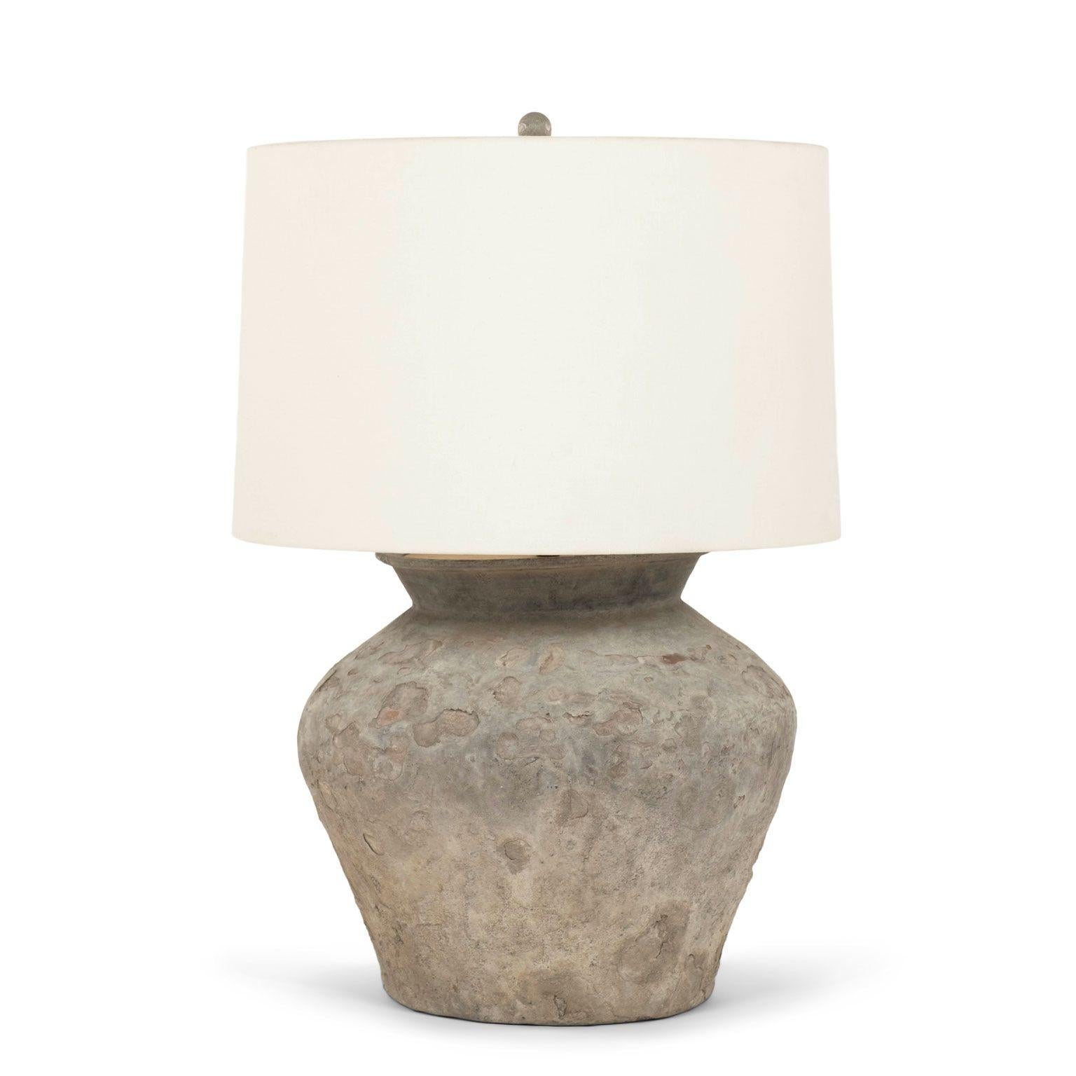 Large vintage Cambodian water jar lamp wired for use within the USA. Circa 1950-1979 terracotta jar created to collect rain water. Original bluish gray color and patina. Newly wired. Includes complimentary linen shade.