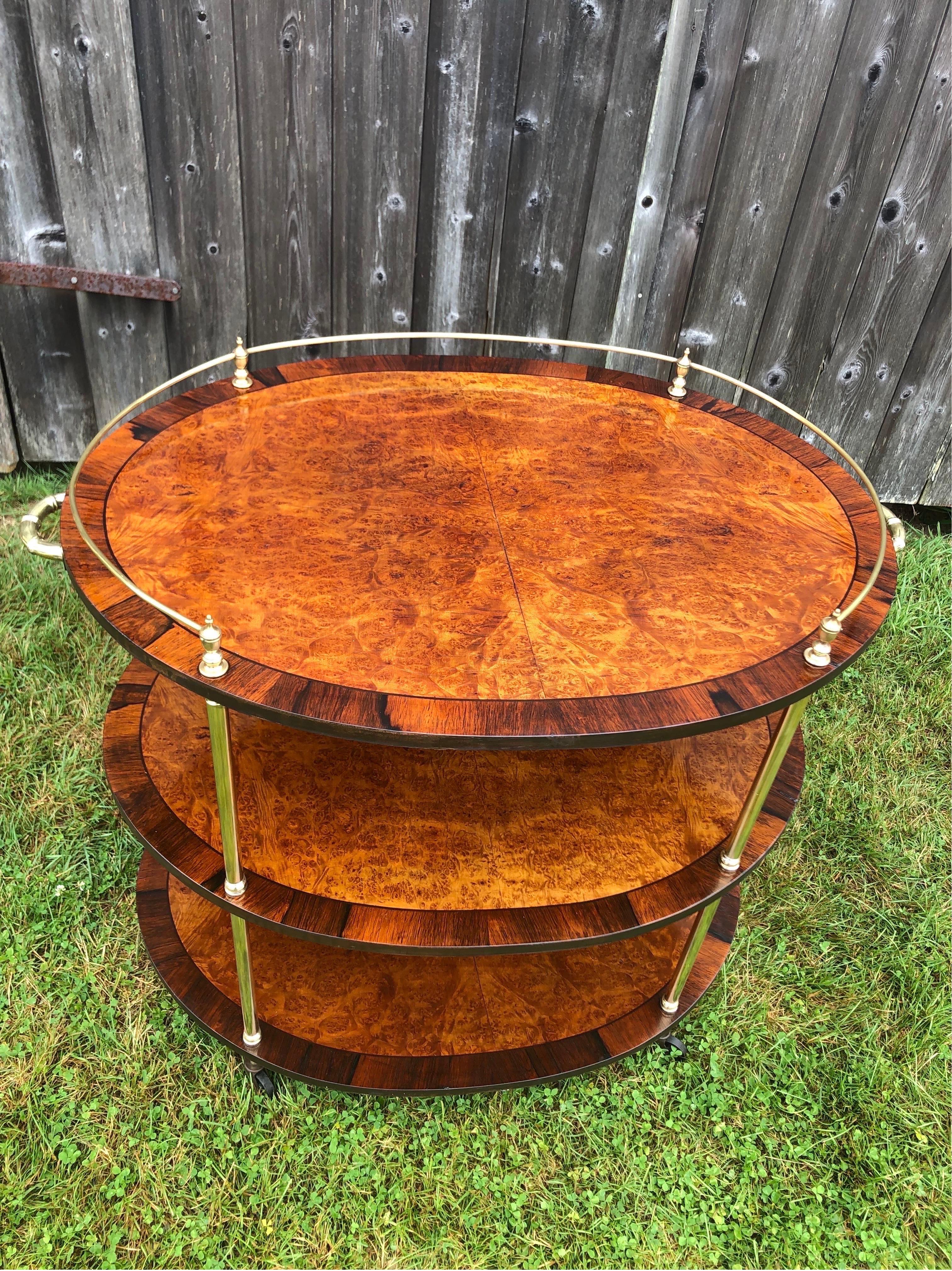 Large Vintage Campaign Style Burled Elm And Rosewood Table or Bar Cart In Good Condition In Chapel Hill, NC