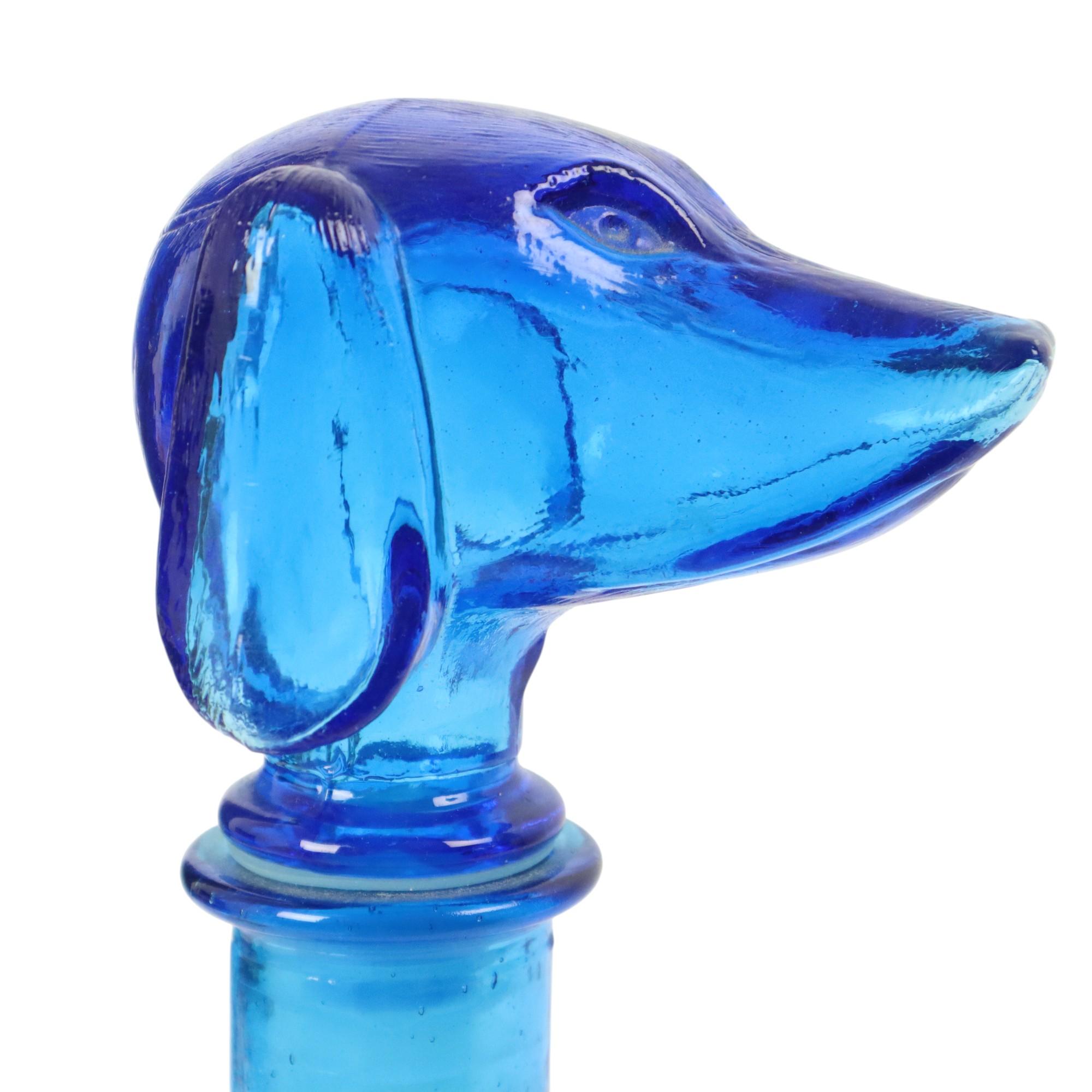 Large Vintage Carafe Dachshund Dachshund Blue Glass Empoli Italy 36cm For Sale 7