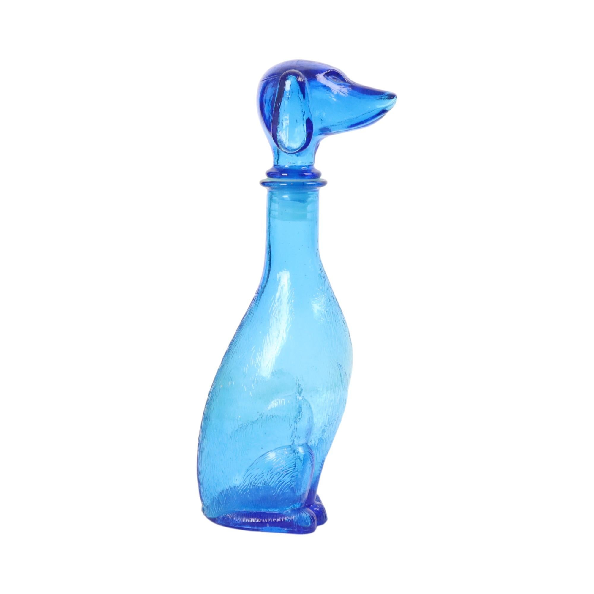Italian Large Vintage Carafe Dachshund Dachshund Blue Glass Empoli Italy 36cm For Sale