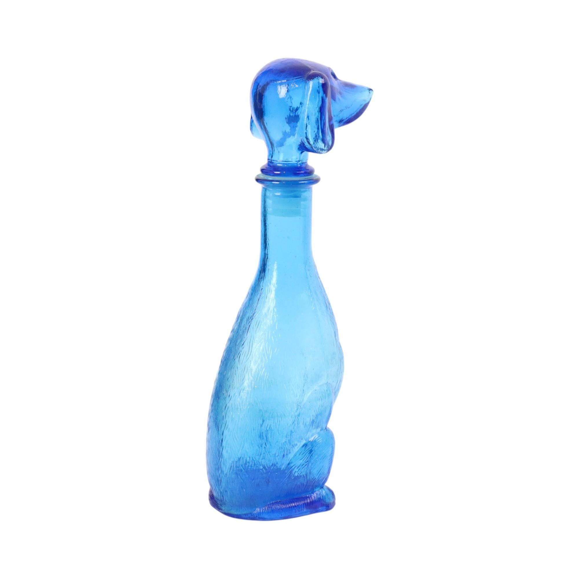 Large Vintage Carafe Dachshund Dachshund Blue Glass Empoli Italy 36cm In Good Condition For Sale In Poperinge, BE