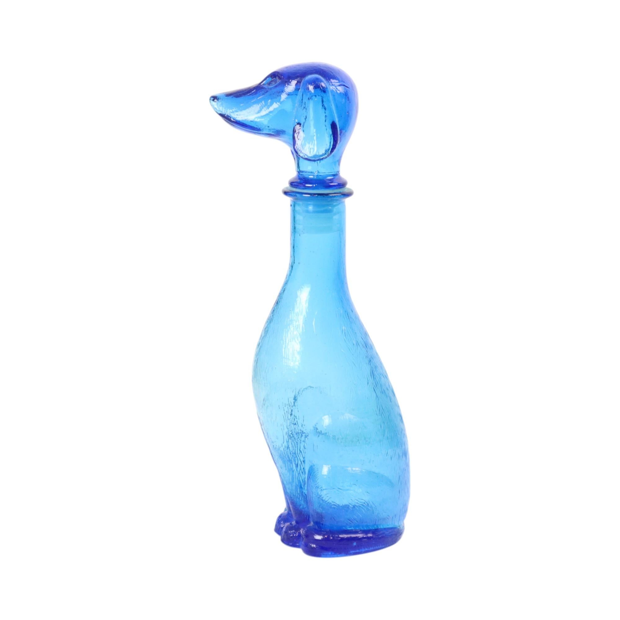 Large Vintage Carafe Dachshund Dachshund Blue Glass Empoli Italy 36cm For Sale 1