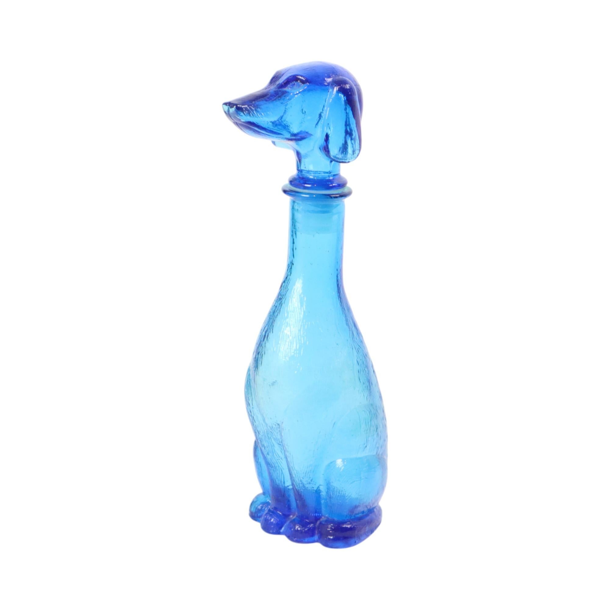 Large Vintage Carafe Dachshund Dachshund Blue Glass Empoli Italy 36cm For Sale 2
