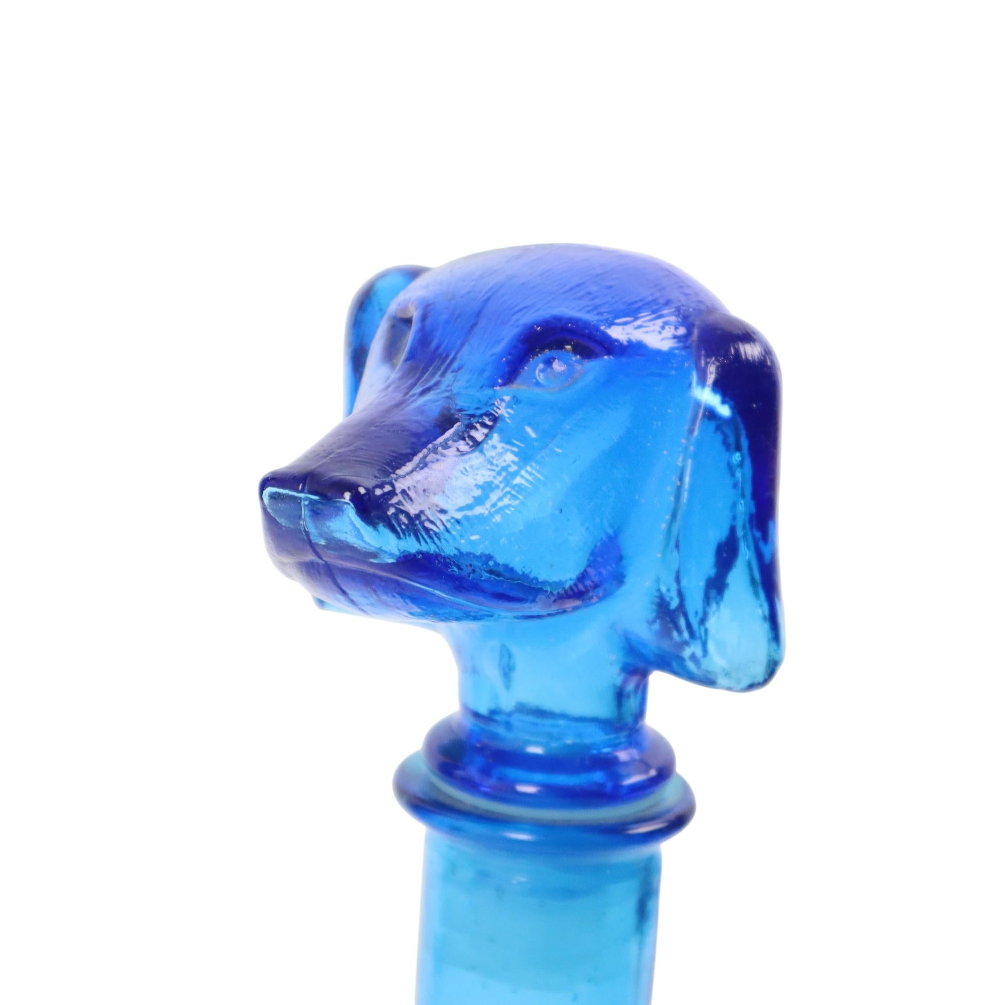 Large Vintage Carafe Dachshund Dachshund Blue Glass Empoli Italy 36cm For Sale 3