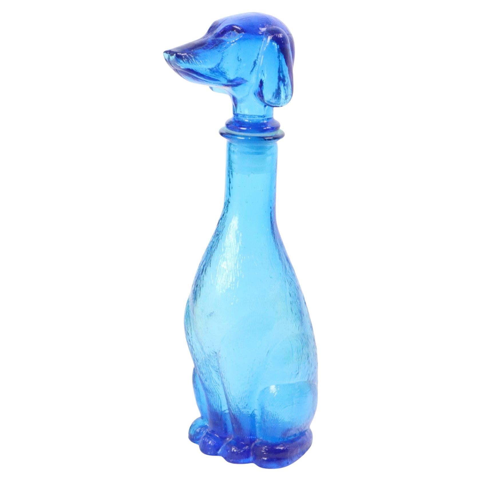 Large Vintage Carafe Dachshund Dachshund Blue Glass Empoli Italy 36cm For Sale