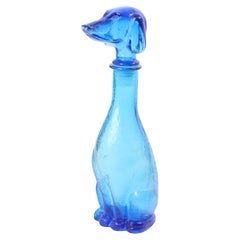 Large Vintage Carafe Dachshund Dachshund Blue Glass Empoli Italy 36cm