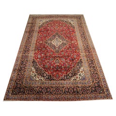 Grand tapis de salon vintage en laine tissé à la main à motifs floraux rouges