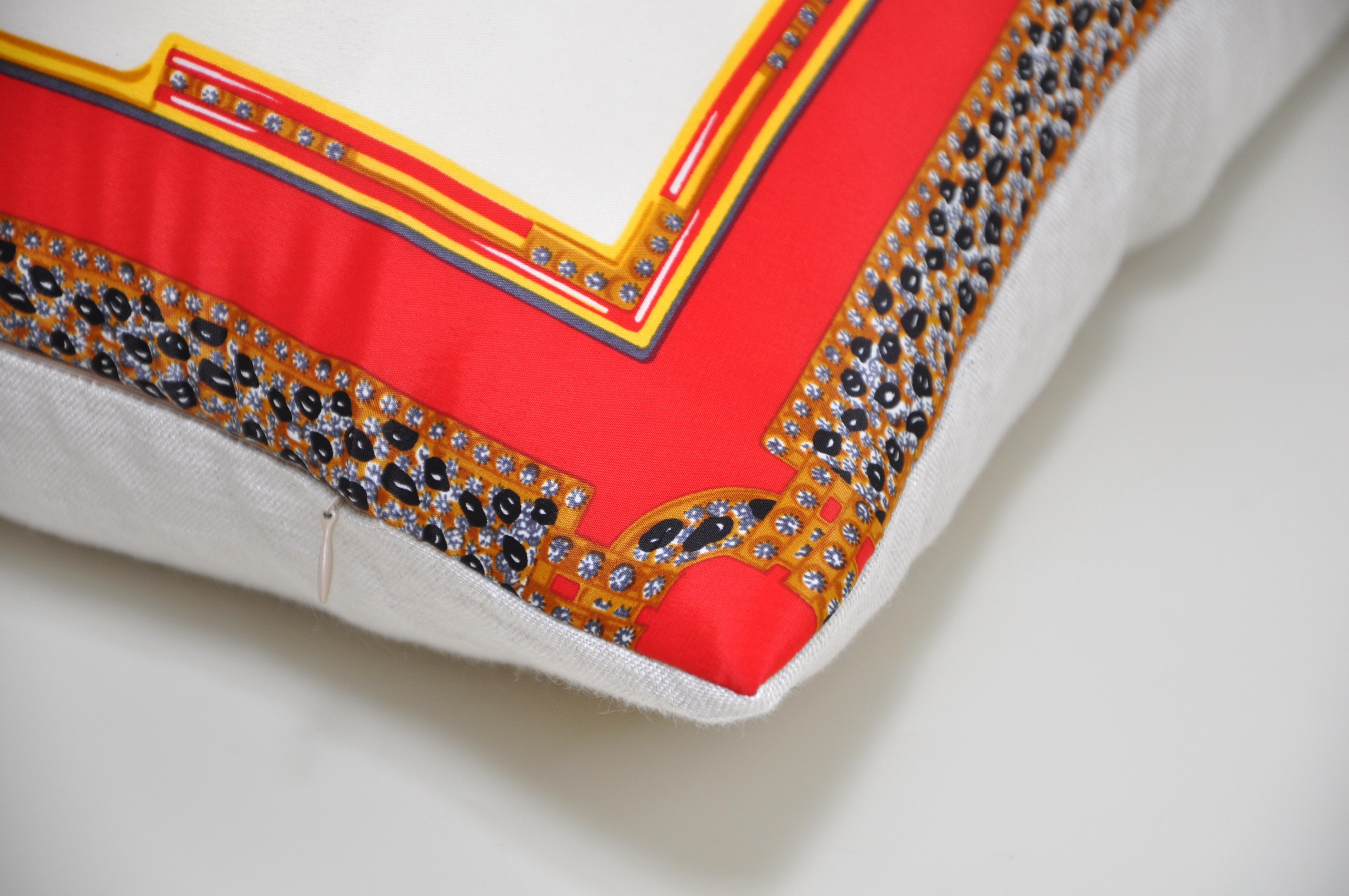 20th Century Large Vintage Cartier Jewelry Red Ruby French Gold Silk Scarf Pillow White Cream