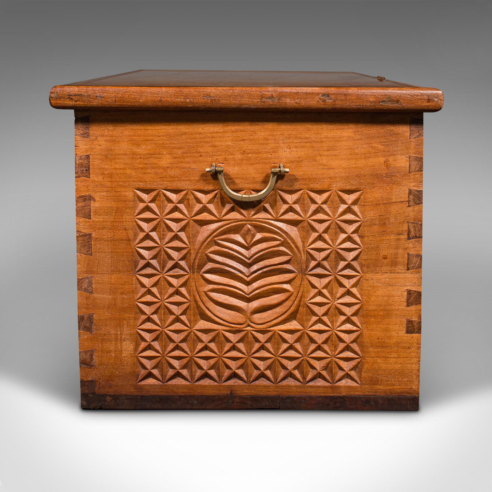 Large Vintage Carved Chest, Burmese, Solid Teak Decorative Trunk, Art Deco, 1930 In Good Condition For Sale In Hele, Devon, GB