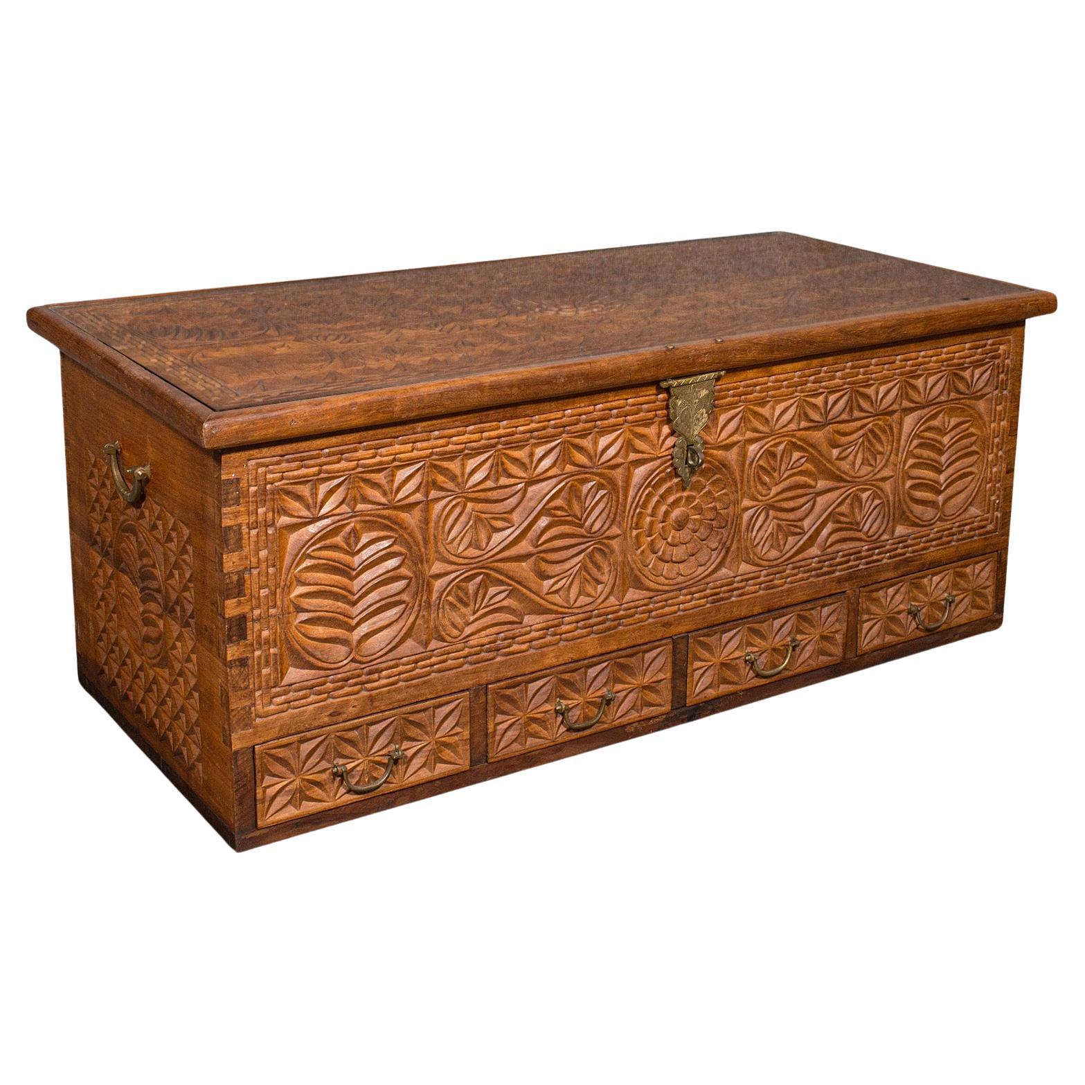 Large Vintage Carved Chest, Burmese, Solid Teak Decorative Trunk, Art Deco, 1930 For Sale