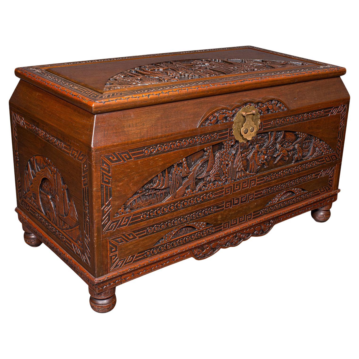 Large Vintage Carved Chest, Chinese, Camphorwood, Linen Trunk, Oriental Taste