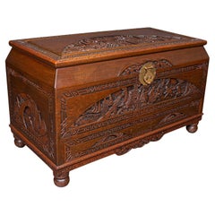 Large Vintage Carved Chest, Chinese, Camphorwood, Linen Trunk, Oriental Taste