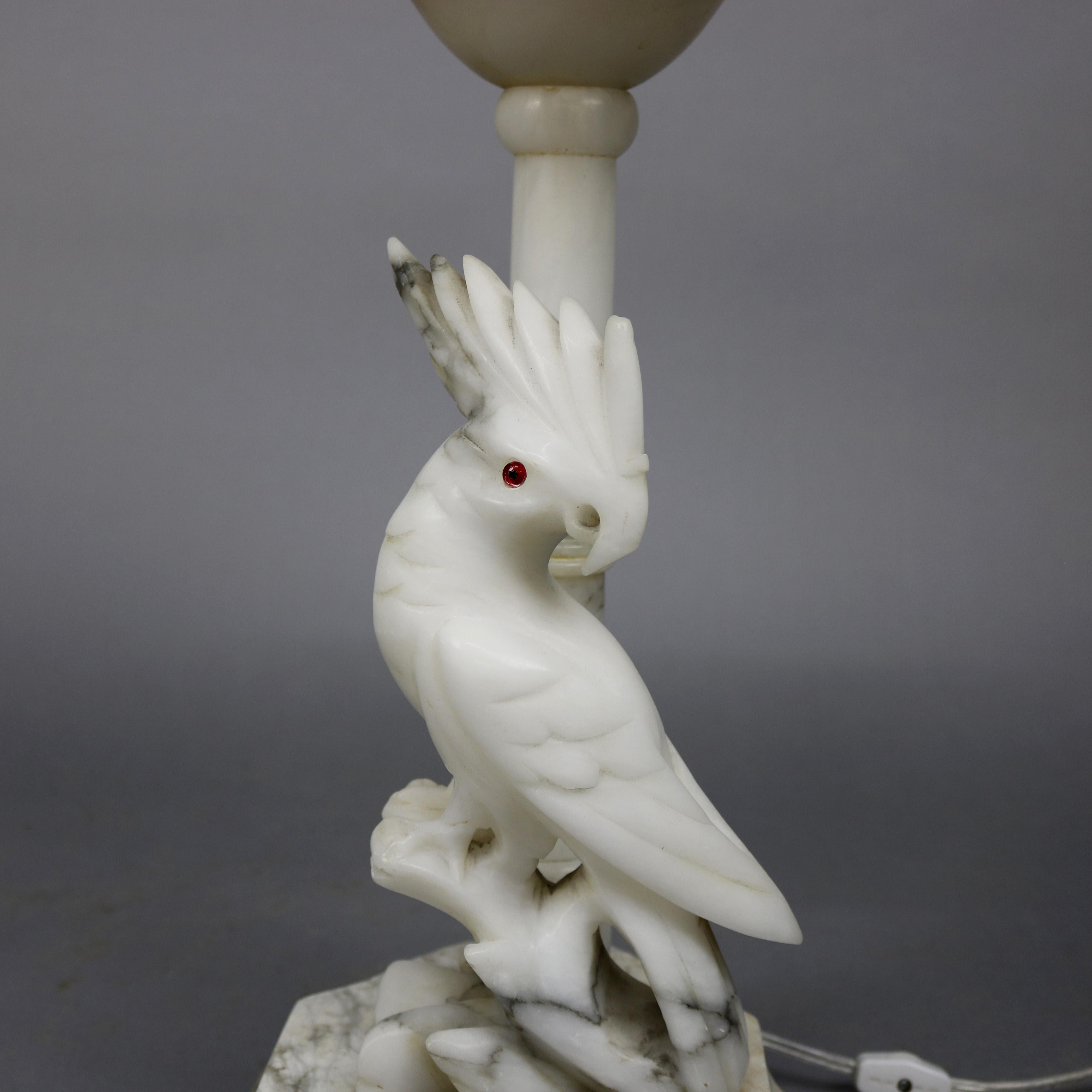 Large Carved Italian Marble and Alabaster Figural Cockatoo Lamp, circa 1930 In Good Condition In Big Flats, NY