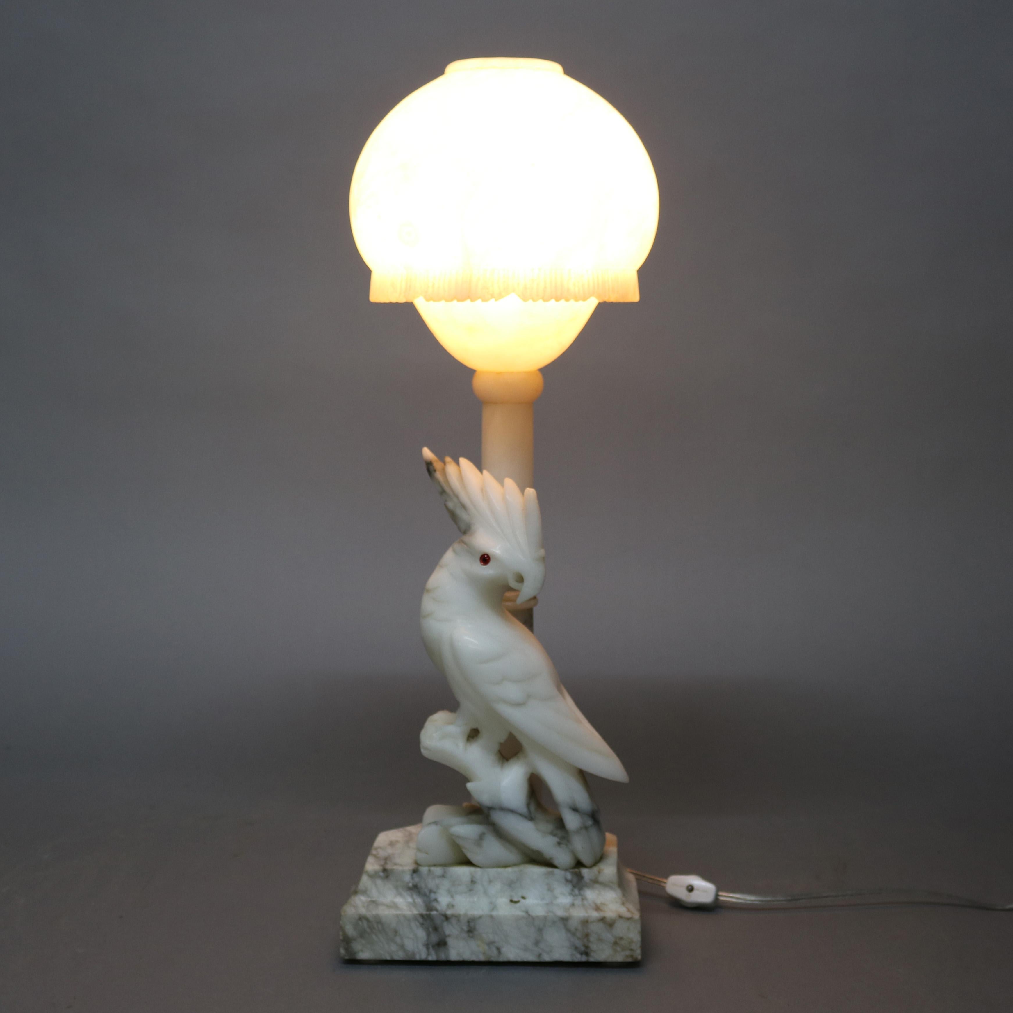 20th Century Large Carved Italian Marble and Alabaster Figural Cockatoo Lamp, circa 1930