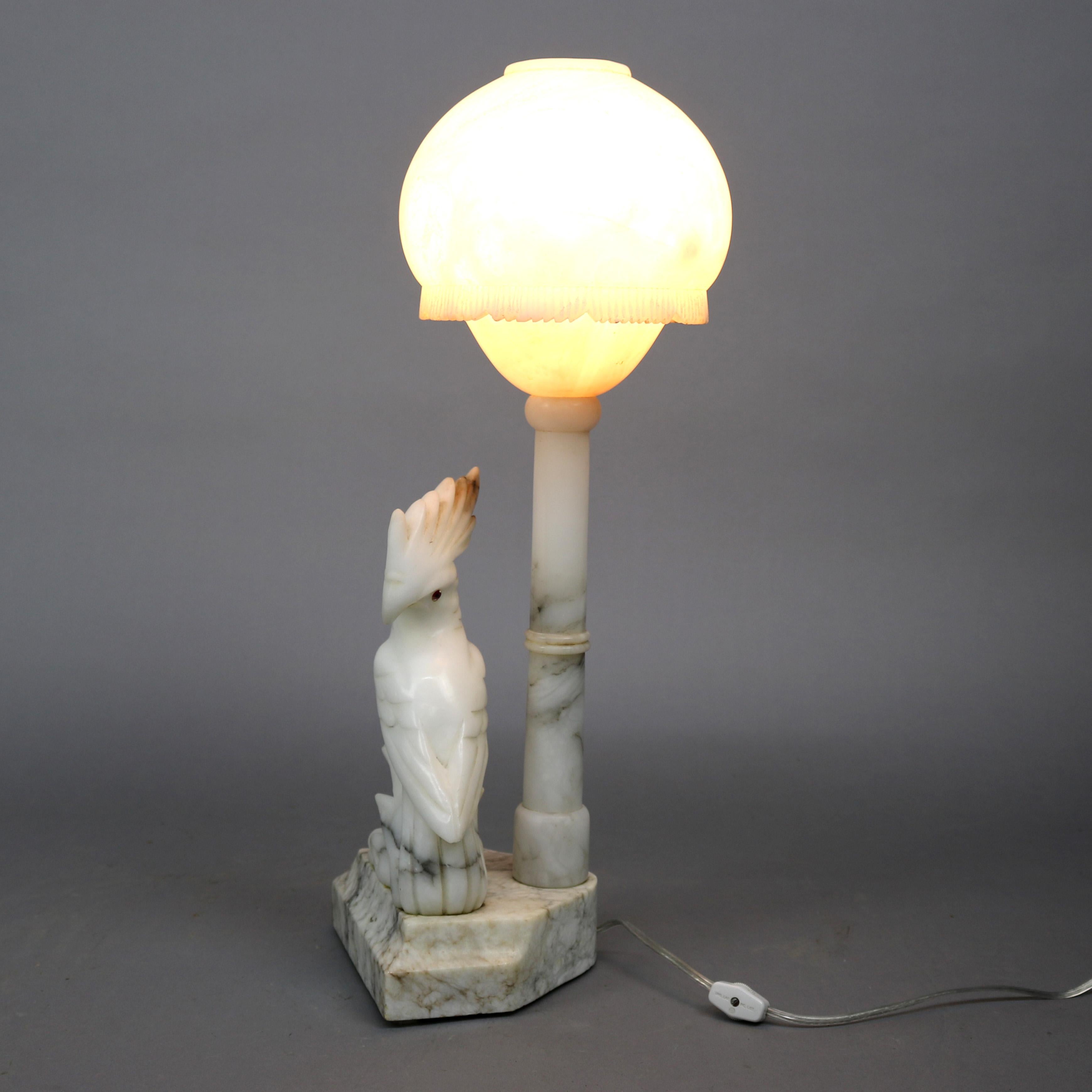 Large Carved Italian Marble and Alabaster Figural Cockatoo Lamp, circa 1930 1
