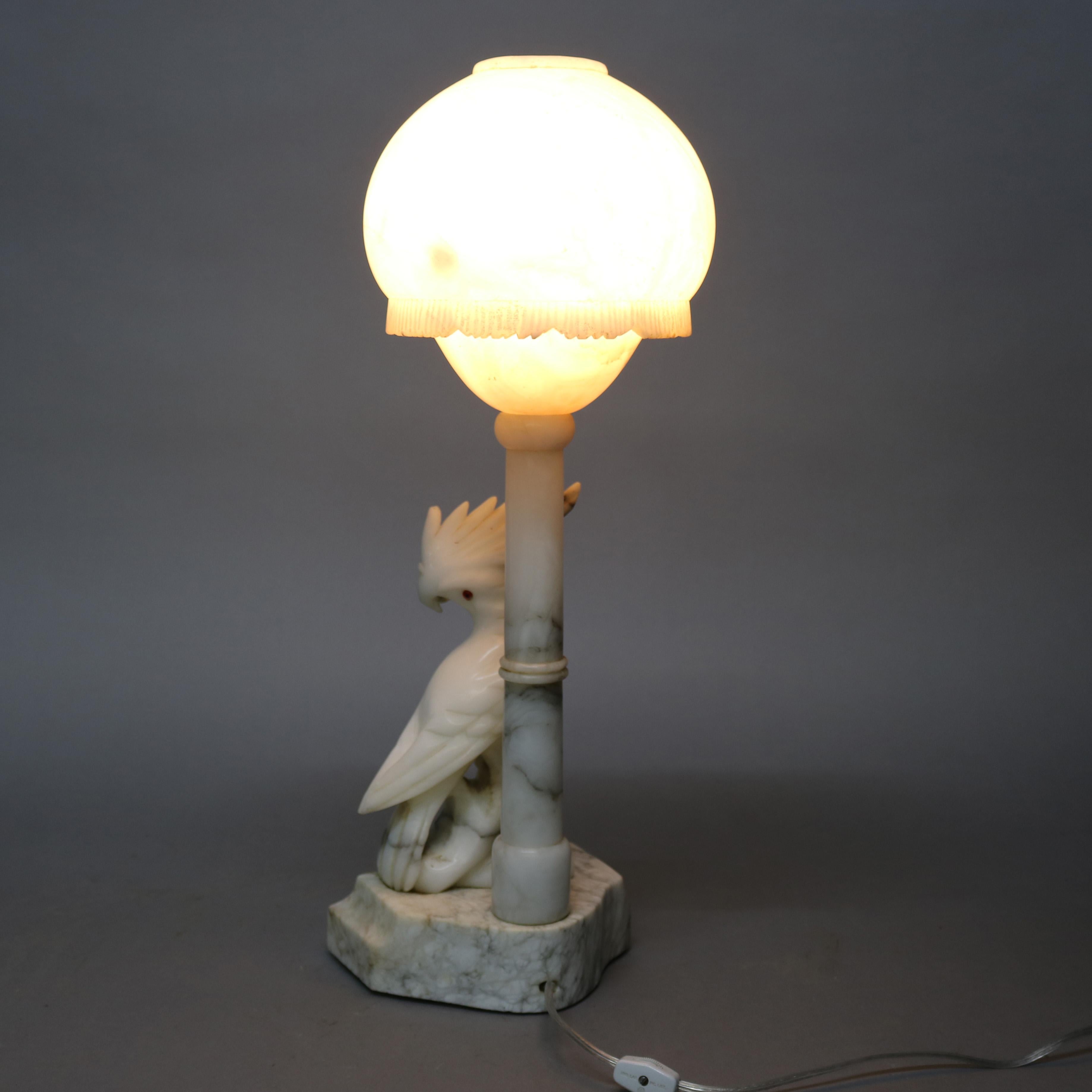 Large Carved Italian Marble and Alabaster Figural Cockatoo Lamp, circa 1930 2